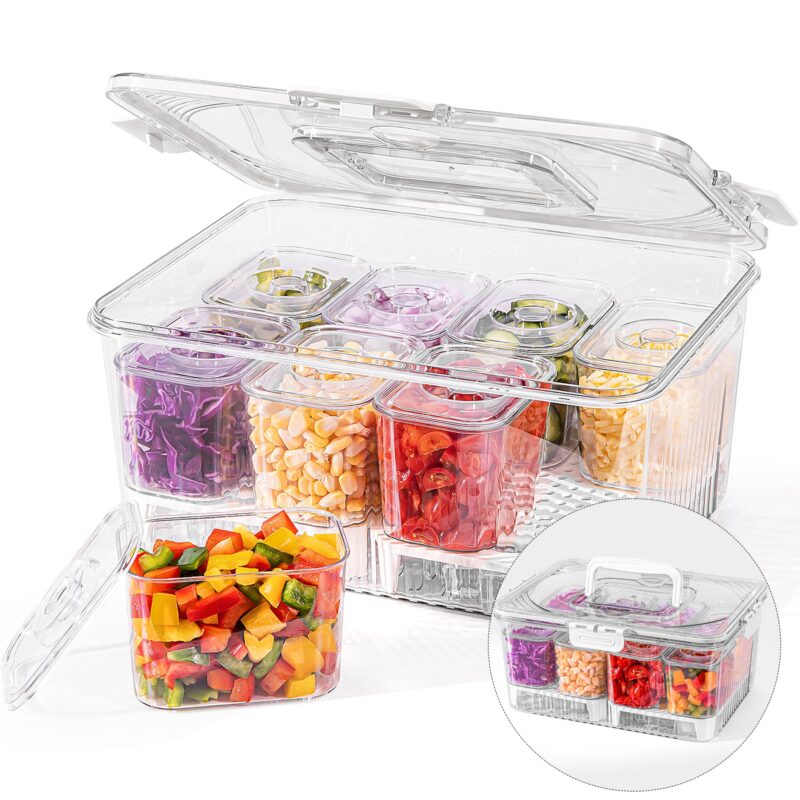 Taco Bar Serving Set for Party: Ice Chilled Condiment Caddy with Lid and Handle, Divided Serving Tray Platters with 8 Containers, Mimosa Supplies Bar Garnish Accessories for Picnic Fruit Salad