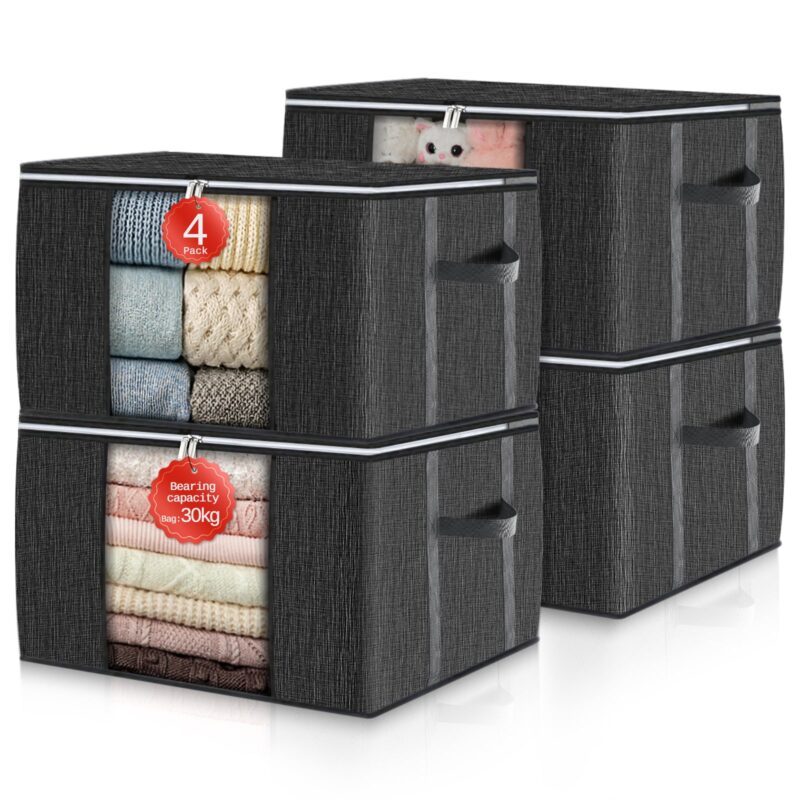GoMaihe Clothes Storage Bags 6 Pack, Foldable Storage Bins Closet Organizers Stackable Containers with Reinforced Handles and Lids, Black