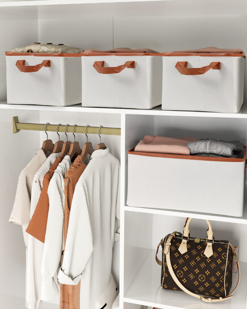 Storage Box Made of Fabric, Collapsible for Wardrobe: Storage basket with leather handle for shelves, children's room, bedroom, living room | 5 Pack | 37x26x20cm(24L) | Beige